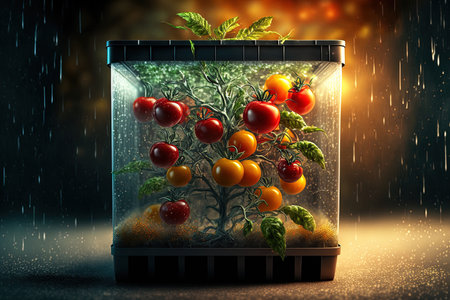 Cherry tomatoes are growing in a container against a natural vegetable fruit and green seedling backdrop. agricultural and farming equipment Urban garden design idea. harvest in autumnの素材