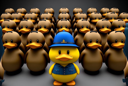 Cute yellow cartoon duck figure mascot in front of a lineup of police officers or a background for a mug pictureの素材