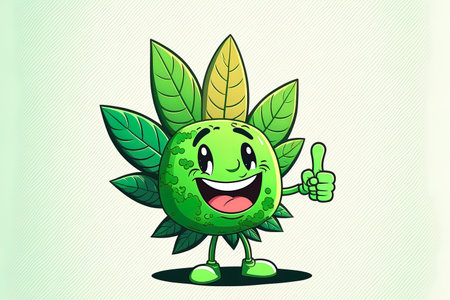 Happy Marijuana Leaf Cartoon Character Giving the OK Sign. Hand drawn raster image isolated on a transparent backgroundの素材