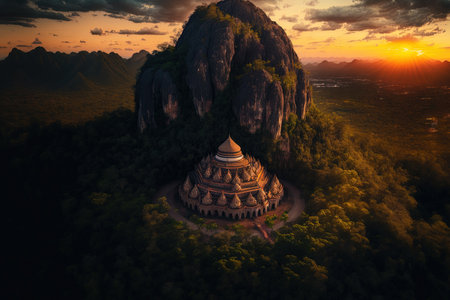 Drone aerial shot of the well known temple Wat Tham Suea (The Tiger Cave temple) which is located on a mountaintop in Krabi Thailand during sunsetの素材