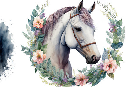Illustration of a horse head with a floral wreath in watercolor on a white background. watercolors of animalsの素材