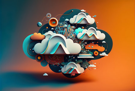 For the technological transition and meta verse sharing notion a flat lay design of a cloud computing connection link and a social media emblem has been usedの素材