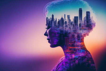 Holographic representation of a human head in an abstract virtual AI interface with the San Francisco skyline in the backdrop. Multiexposureの素材