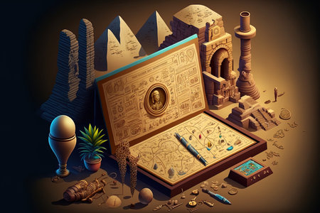 Illustration of an archaeological site historical excavation scientific treasure hunt and exploration of ancient buildings and hieroglyphics on stoneの素材