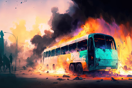 HOLON ISRAEL. May 11 2021. Burning bus and cars immediate aftermath of the Palestinian rocket hitting a passenger bus in central Israel. Israel Hamas Gaza war concept image. Guardian of the Wallsの素材