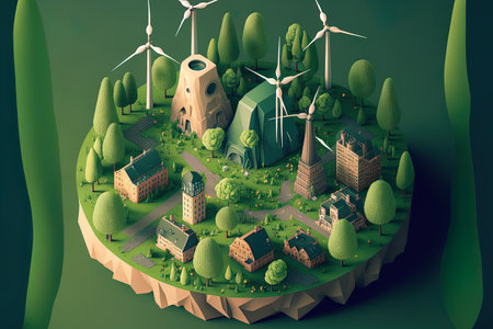 Isometric illustration of a green metropolis with clean energy in a recycling symbol for ecologically friendly alternative energyの素材
