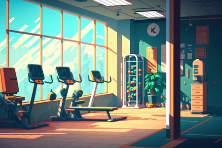 Empty gym backgrounds and exercise building for sports training and fitness wellness and weightlifting. Health club interior space recreation center and room with bodybuilding workout machinesの素材