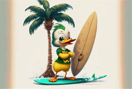 On a white backdrop a sweet yellow cartoon duck character mascot is standing next to a green palm tree with a surfboardの素材