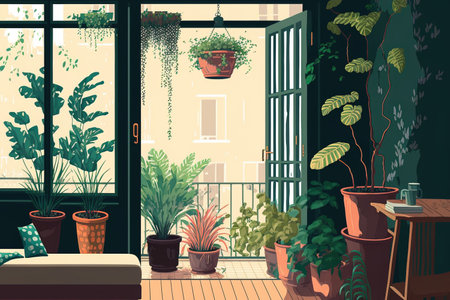 Potted green plants on a home balcony. Interior of a cozy patio with lots of houseplants in planters and flowerpots. Urban home veranda forest as seen from a room. drawing that is flatの素材