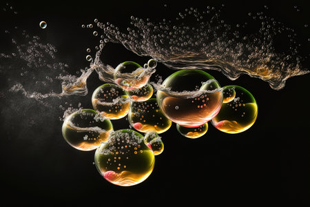 Images of actual soda bubbles floating and splashing up on a black background representing the freshness of carbonated beverages or sparkling water are blurryの素材