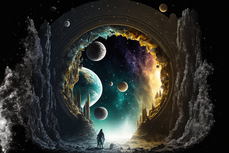 Multiple portals with valuable stones gold and silver in a deep woodland monument are depicted in this raster graphic of a concept drawing for a doorway to another planetの素材