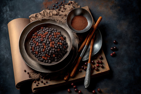 Set of coffee beans in a dish a wooden spoon a book a cinnamon stick and a grungy grey backdrop. high vantage pointの素材