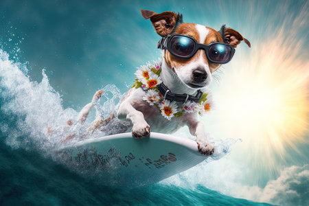 Jack Russell puppy surfing on a wave while on vacation in the summer wearing stylish sunglasses and a flower chainの素材
