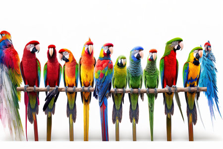 Large group of many different exotic pet birds Parrots parakeets macaws love birds in a row isolated on whiteの素材