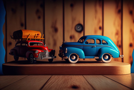 Vertical selective focus image shows a blue automobile and a red wagon resting side by side on a wooden tableの素材
