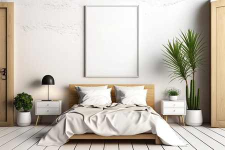 A double bed two bedside tables and a square poster can be found within a wooden bedroom with white walls and a hardwood floor. a mockupの素材