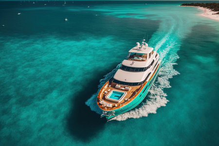 Luxury exotic boat with wooden deck and helipad captured in an aerial drone shot taken in a gorgeous turquoise bayの素材