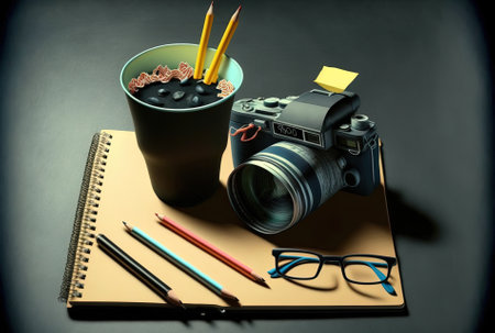 In front of the sticky notes pasted to the blackboard are a laptop cup glasses spiral notebook and cameraの素材