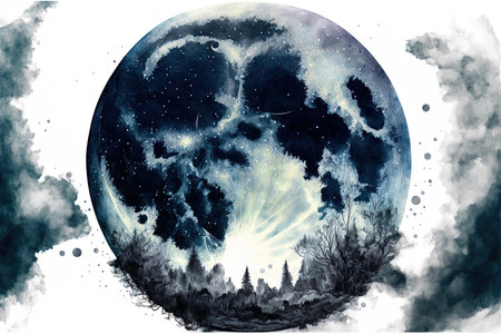 Large moon illustration in watercolor. Symbol of a fresh start fantasy romance and enchantment. Black gray a circle and a complete vista. Watercolor painting by isolated on a white backdropの素材