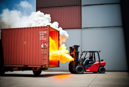 Large cargo container forklift training using fire extinguisher in warehouse foreman training using fire extinguisher at cargo portの素材