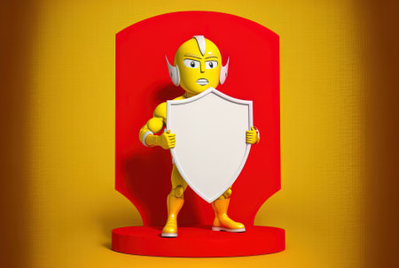 Yellow backdrop with a red metal figure mascot protective shield and a white blank advertising promotion standの素材