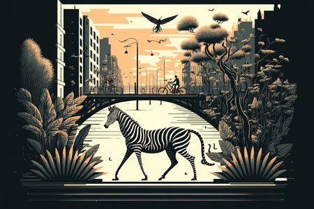 On a city street with a bridge buildings and a crossroads are people. Citizen riding a bike over a zebra at a traffic crossroads while strolling. urban design with lush vegetation. illustratiの素材