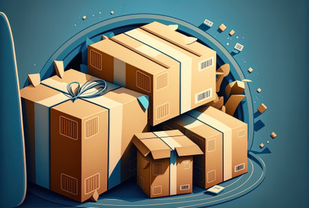 cardboard boxes shipping packages Illustration of a warehouse icon sign or emblem for an online store on a blue backdropの素材