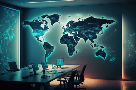 World map hologram with many exposures of abstract graphics in a contemporary office setting with the theme of connection and communicationの素材