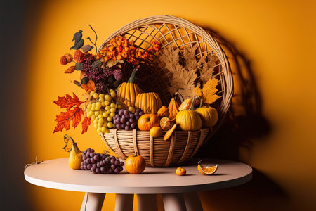 Stunning fall composition with seat basket and leaves fruits and grapes Thanksgiving or Halloween themed backdrop idea in anime styleの素材