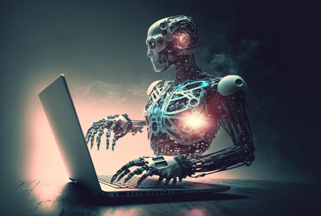 Robot development and automation idea multiexposure with creative robotics technology and hands typing on laptop in the backdropの素材