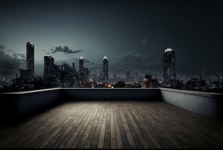 Panoramic View of the Bangkok skyline at night from a rooftop concrete observatory deck. Asian business and residential culture. Downtown financial city real estate mock up product display vacant roの素材
