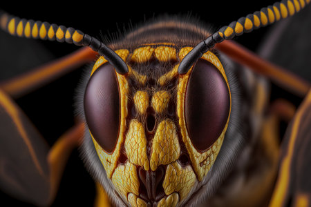 Super macro portrait of a wasp on a black background. Full face macro photography. Large depth of field and a lot of details of the insectの素材