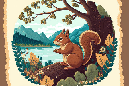 Squirrel in the wild perched on a limb. Cartoon illustration of a playful squirrel playing in a tree with summer greenery lake and mountains in the backdropの素材
