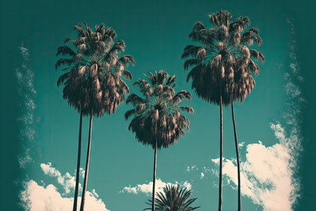 Vintage toned and stylised palm trees against a blue sky palm trees along a tropical coast coconut trees summer trees and retroの素材