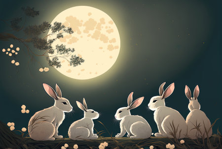 Rabbits staring at the moon from behind. With Sweet Osmanthus flowers a family enjoys the moon. Happy Mid Autumn Festival in Chineseの素材