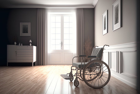 empty living room with wheelchair for those who need transportation assistance and are physically disabled. There is no one in space with accessibility and mobility devices to assist with a persistentの素材