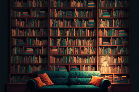 stacks of books at the library. many books in a large bookcase. Reading books on the sofa in the room. A bookstore or library with bookcases. cozy reading environment Bookstore that sells booksの素材