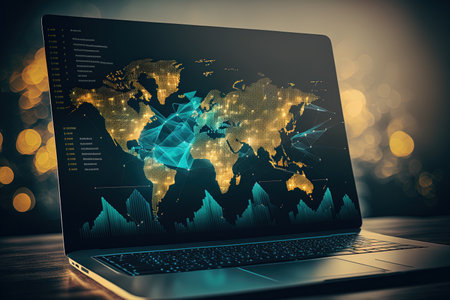 World map and abstract financial chart in double exposure on a laptop background representing research and strategyの素材