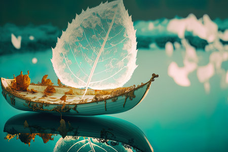 a macro of a white translucent leaf on a mirror surface with a turquoise background. A ship in a lake is depicted artistically. dreamy scene with nature and spaceの素材