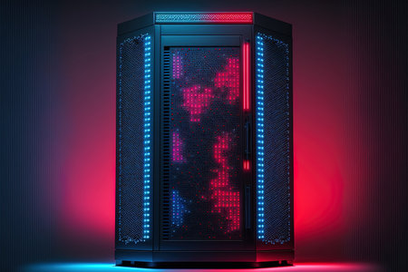 Server cupboard. Server rack is enclosed by a perforated server cabinet in a dim isolated area with red and blue lightsの素材