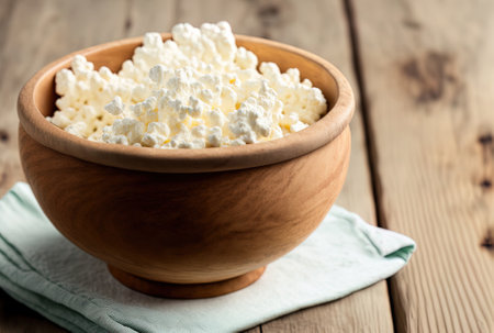 On a white wooden background cottage cheese is shown in a classic wooden bowl. selective focus close up and copy space Soft curd is a natural healthful snack that is good for youの素材