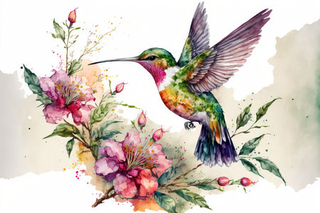 exotic birds Hummingbirds forage for nectar from flowers on branches with buds and green leaves while in flight and spreading their wings. Cards invitations prints backgrounds and covers designedの素材