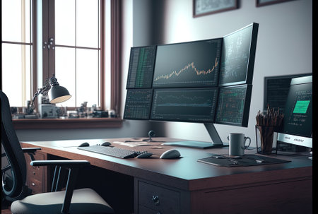 empty office desk with computer showing stock market trend for investing in cryptocurrencies and the world economy. observe using financial graphs and money rate analysis to maximize exchange profitsの素材