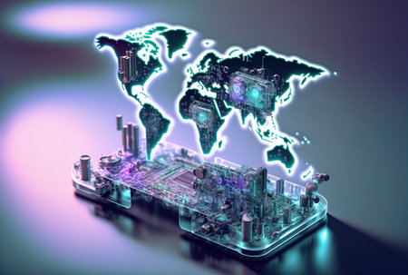 World map hologram and abstract virtual robotics technology in double exposure against a background of fuzzy calculator research and development software ideaの素材