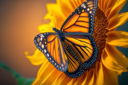monarch butterfly on flower. Image of a butterfly Monarch on sunflower with blurry background. Nature stock image of a closeup insect. Most beautiful imaging of a wings butterfly on flowersの素材