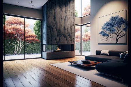 interior pictures of a contemporary vacant living room with a fireplace and hardwood floors and a view of a Japanese gardenの素材