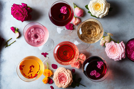 different hues of rose wine. Rose wine in various hues in glasses with springtime flowers in flat lay on marble background top view. Concept of a wine shop bar tasting and seasonal wine listの素材