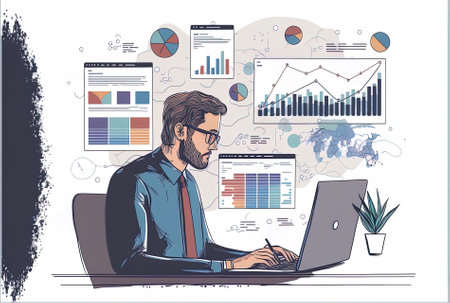 Using paperwork and research data an office worker analyzes financial charts on a laptop. working remotely on startup analysis using web graphs and internet surfing.の素材