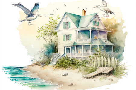 White beach home with decorative features and birds (seagulls) hand drawn watercolor beach house with symbols of summertime pastimes on the shore of the sea ocean or lakeの素材