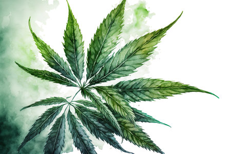 a leafy green branch of the medical cannabis plant Cannabis sativa (often known as marijuana). Illustration of a watercolor hand drawn painting isolated on a white backdropの素材